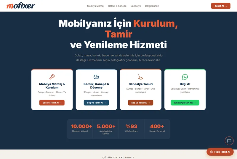 Mofixer mobilya montaj ve tamir sitesi ana sayfası